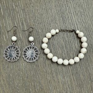 Elegant Silver and Cream Jewelry Set of Earrings and Bracelet